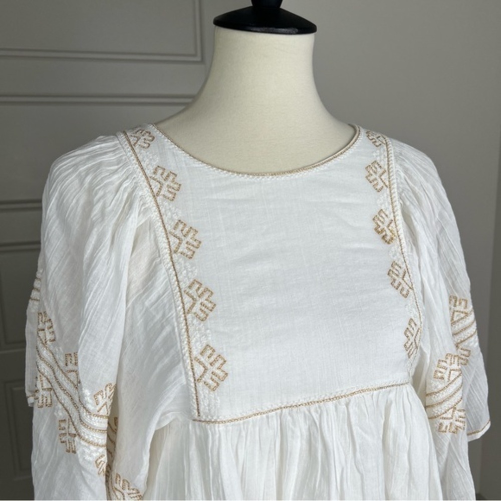 Vanessa Bruno Nael Blouse Gold Embroidered Flutter Slv Boho Babydoll Top Sz S - Picture 6 of 11